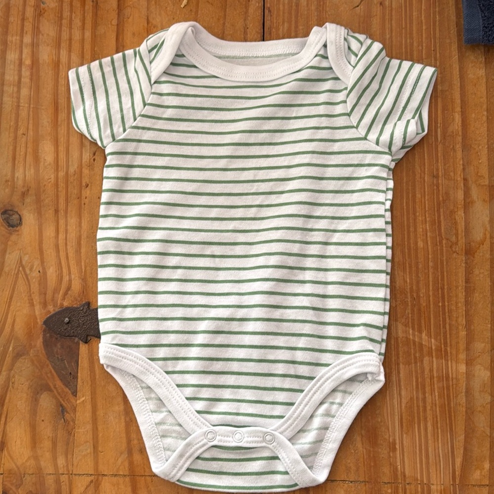 White and green striped short sleeve. 3-6 month onesie.